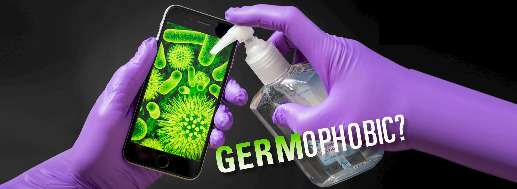 Hands in gloves putting sanitizer on a phone.